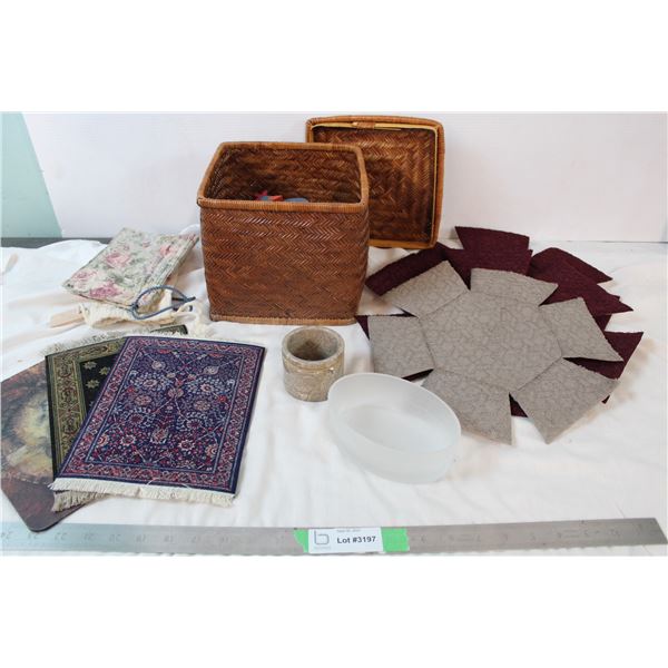 Misc. Household items; pot holders, mouse rugs, glass containers