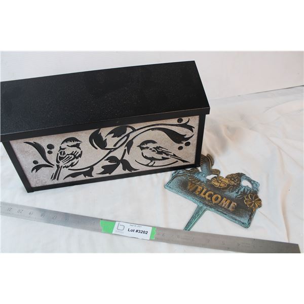 metal bird ,mailbox and welcome garden stake