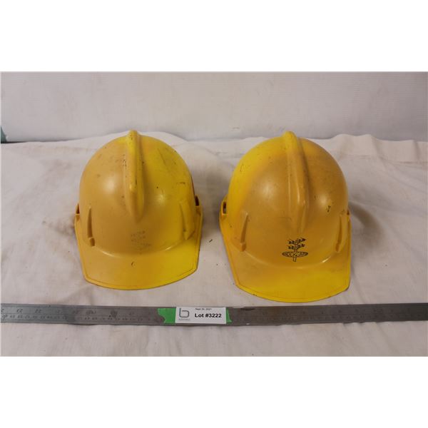 Pair of hard hats, one broken