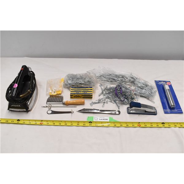 Zesting Tools + Curtain supplies, vintage iron, stapler, toilet paper holder