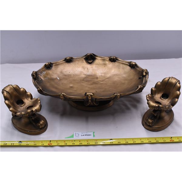 brass colored serving tray with candlesticks