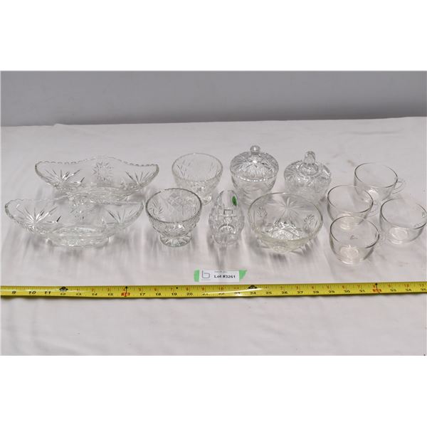 Glass mugs, cut glass candy dishes & gravy holders