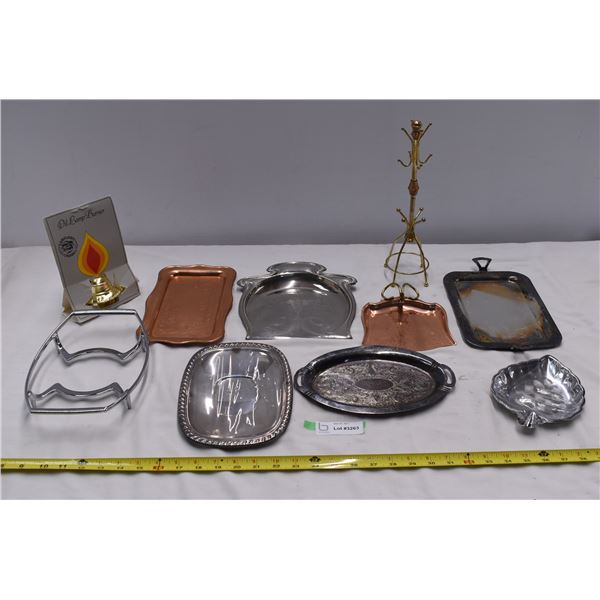 Metal serving trays, oil lamp burner, necklace stand