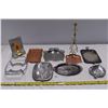 Image 1 : Metal serving trays, oil lamp burner, necklace stand