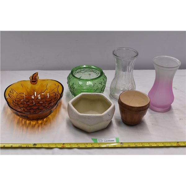 Amber serving tray, 2 vases, coloured glass bowl & 2 pots
