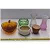 Image 1 : Amber serving tray, 2 vases, coloured glass bowl & 2 pots