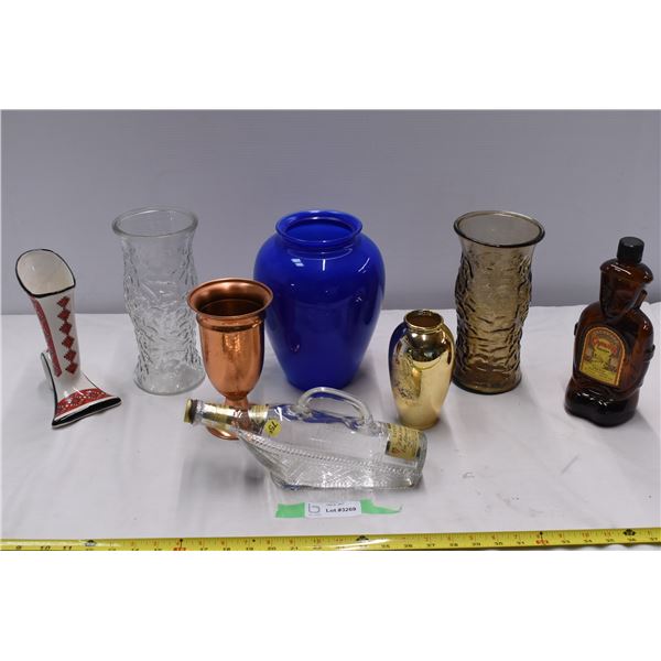 3 Vases, 2 metal containers & unique liqour bottles