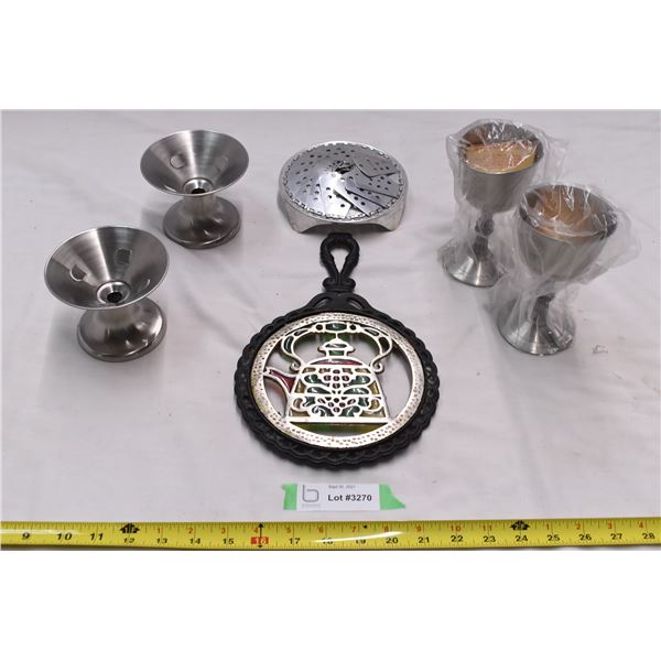 Metal stands, metal goblets, metal strainer,stained glass decoration