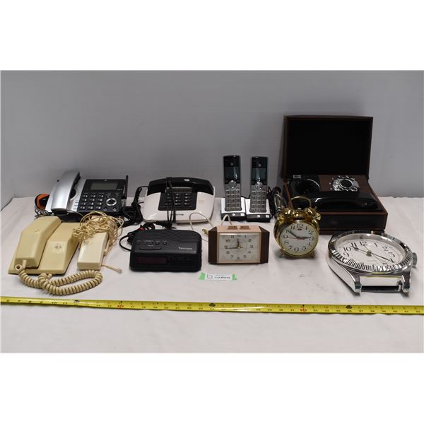 Vintage phones & clocks. 1 phone with box case