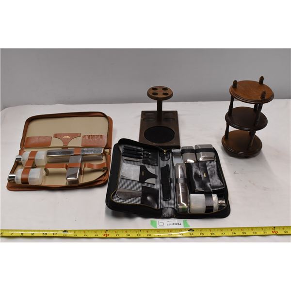 Pipe stand, incomplete shaving kits & small wooden stand