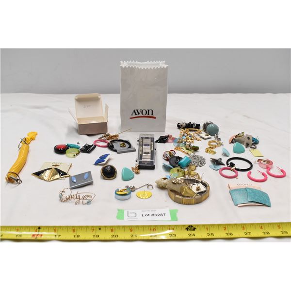 Avon glass bag, misc. jewellery pile