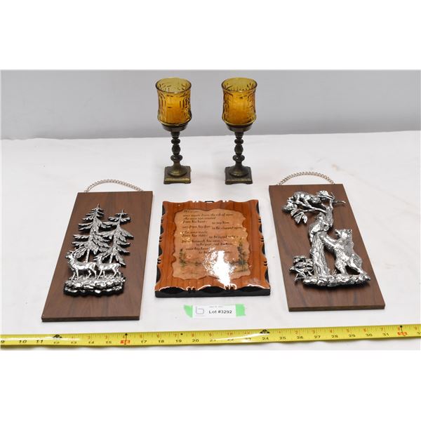 Wall decoration pair, Wood placard with quote, goblet candles