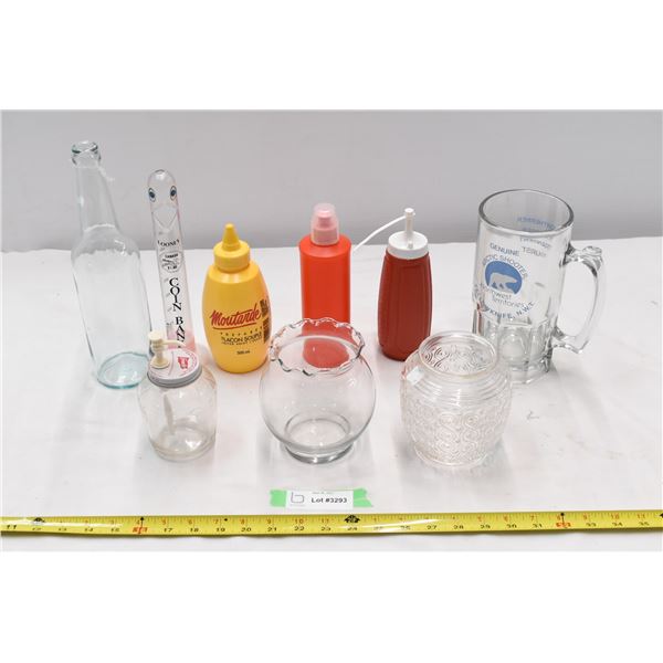 Ketchup & Mustard bottles. Clear glass bottles, jars & big glass beer mug