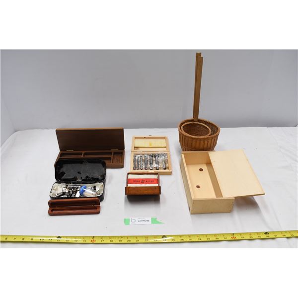 Small wooden boxes for trinkets or tools & hanging wicker baskets