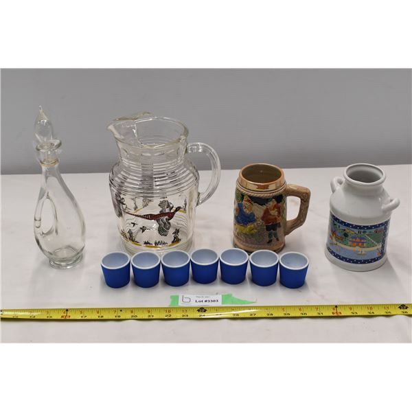 Glass water pitcher, glass decanter, German mug, cermaic jug/vase