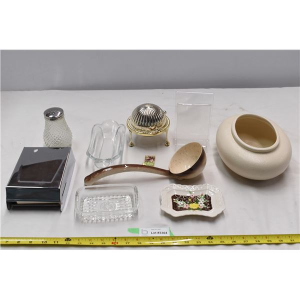 Large ceramic dish, ceramic laddle, tissue holders, coverable ashtray