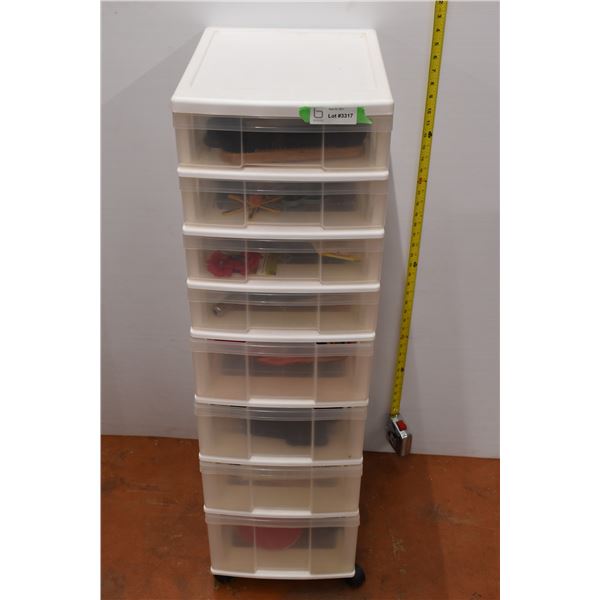 Wheeling plastic drawers w/ craft supplies. 16"x13"x44"
