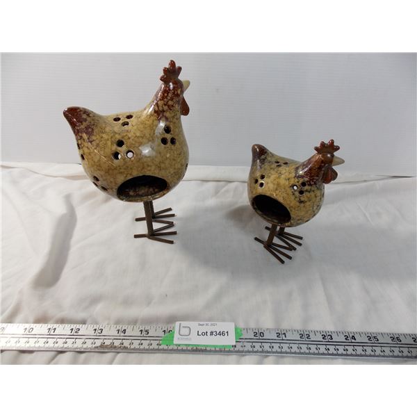 Ceramic chickens candle holders with metal legs
