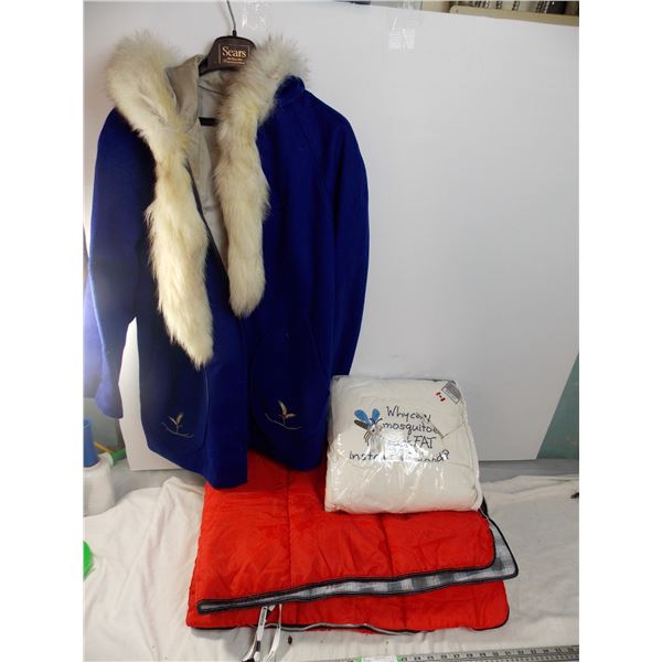 Hooded Fur + Felt coat - hand made - with sleeping bag + pillow
