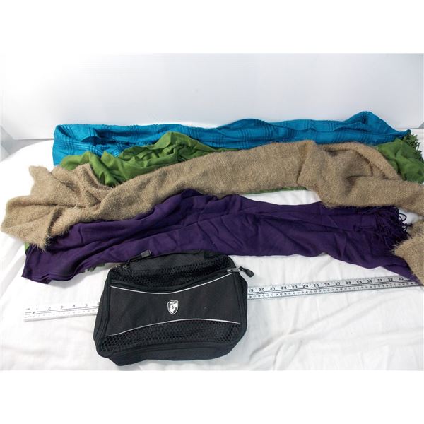 4 scarves,- two silk looking + soft fuzzy one, one cloth