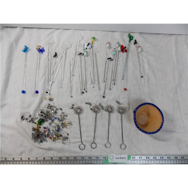 Lot of Glass Stir sticks + wine rings
