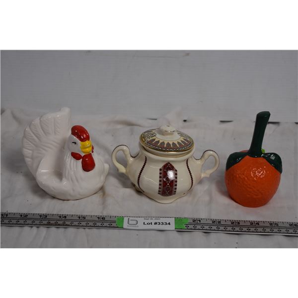 Chicken Napkin Holder, Orange Bell, Ceramic Sugar Container