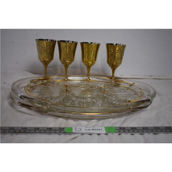 2 Glass Serving Trays and Brass Cups