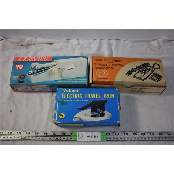 Electric Travel Iron, Portable Sewing Machine, and Home Hair Clipper