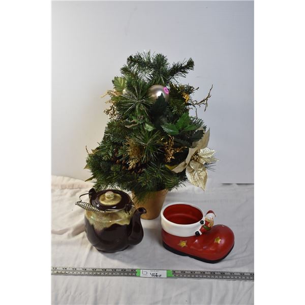 Small Christmas Tree, Christmas Planter, and Teapot