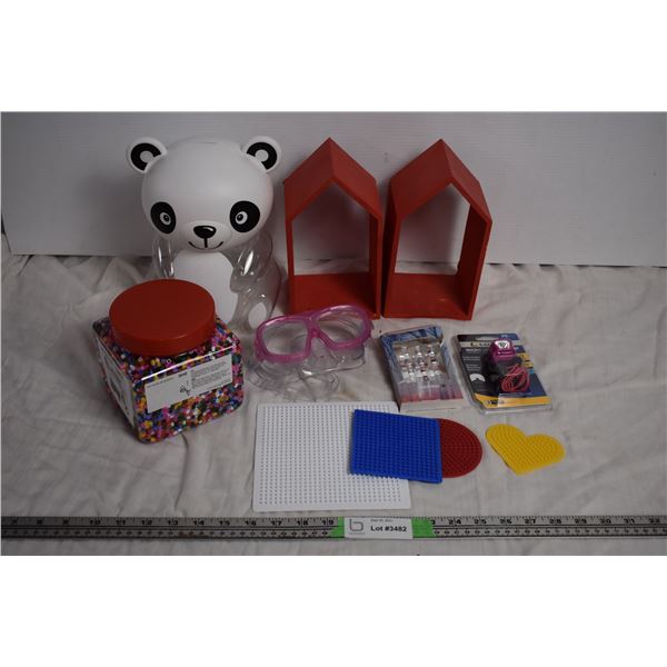 LED Headlamp, Bear Piggy Bank, and Misc Kids Items
