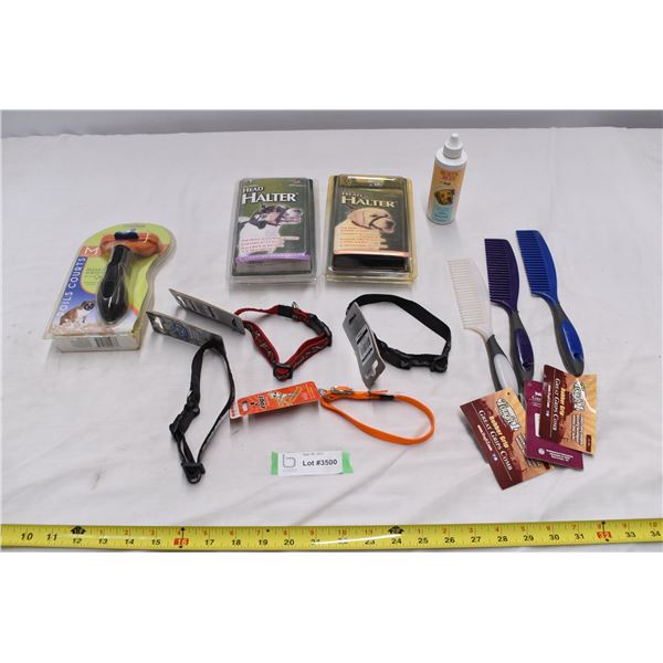 Dog collars, deshedding tool, misc dog supplies.