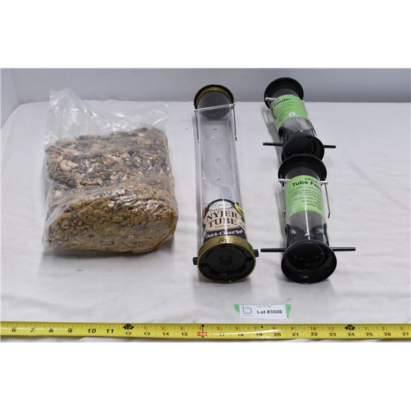 1 Large, 2 Small bird feeders w/ bag of bird feed