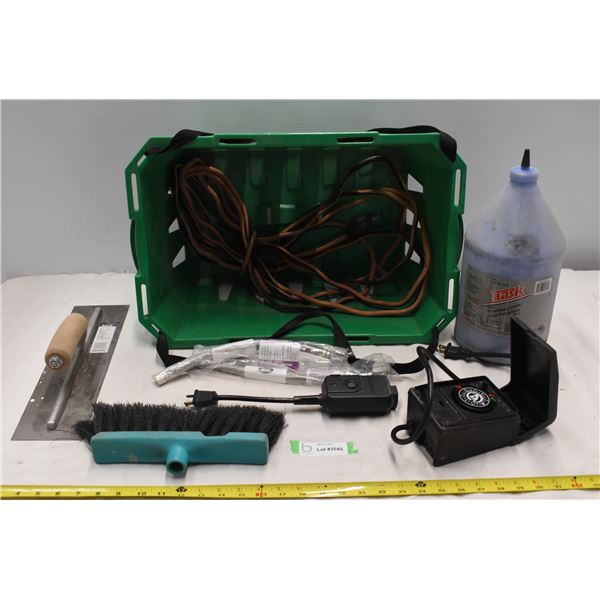 Crate with powdered chalk, block heater timer & misc items