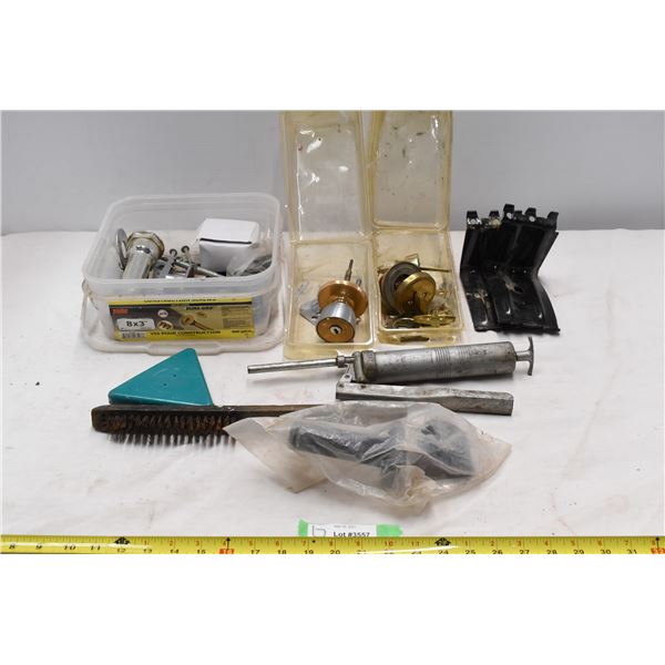 Door handle supplies, grease gun, misc. tools