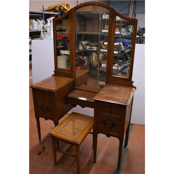 Antique Dresser (on castors) with 3 Piece Mirror + Stool (one broken foot on desk needs repair)