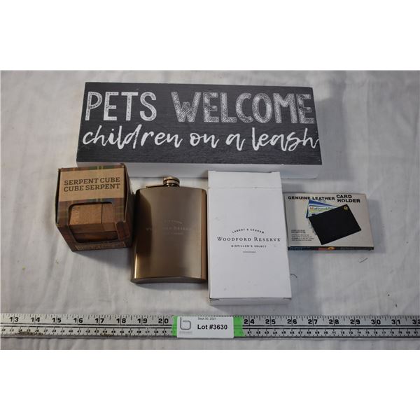 Wall Placard, Wooden Cube, Card Holder, and Flask
