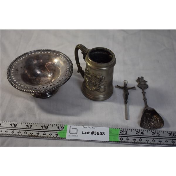 Birks Serving Dish with Pewter Mug, Cross, and Spoon