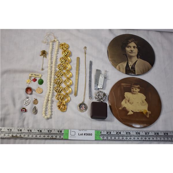 Vintage Trinkets, necklaces, bracelets, large buttons with family photos