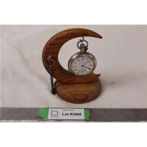 Illinois pocket watch with cresent moon stand and chain