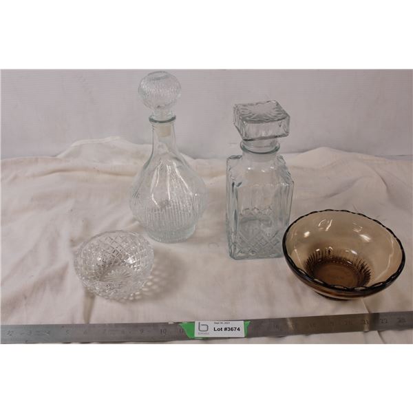 Two crystal decanters, one crystal bowl, one glass bowl