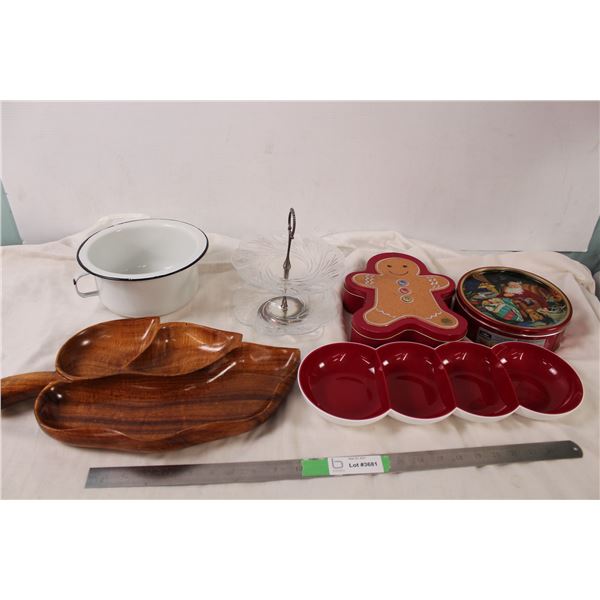 Enamel pot, wood separated tray, misc tins
