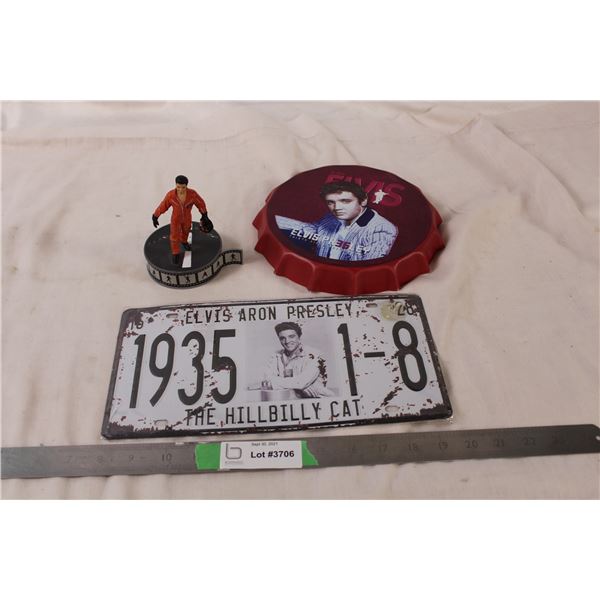 Elvis memorabilia, licence plate, pop cap, singing figure