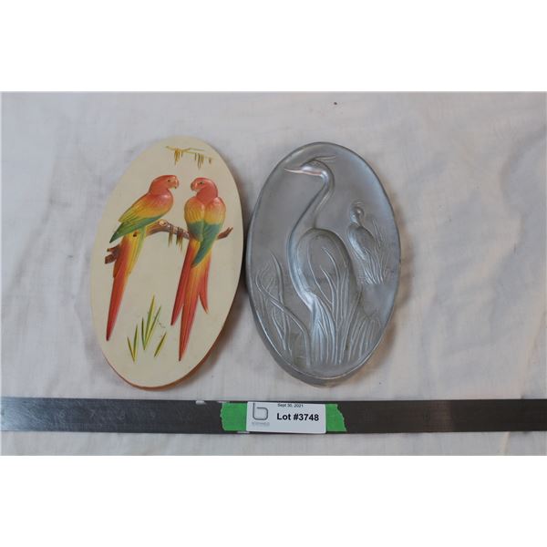 2 painted plaster wall hangings of birds