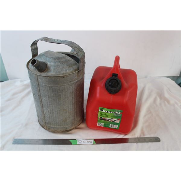 Plastic gas can and metal watering can