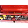 Image 2 : Red metal tool box with contents, nail puller, tool belt, flashlight