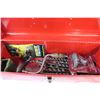 Image 3 : Red metal tool box with contents, nail puller, tool belt, flashlight