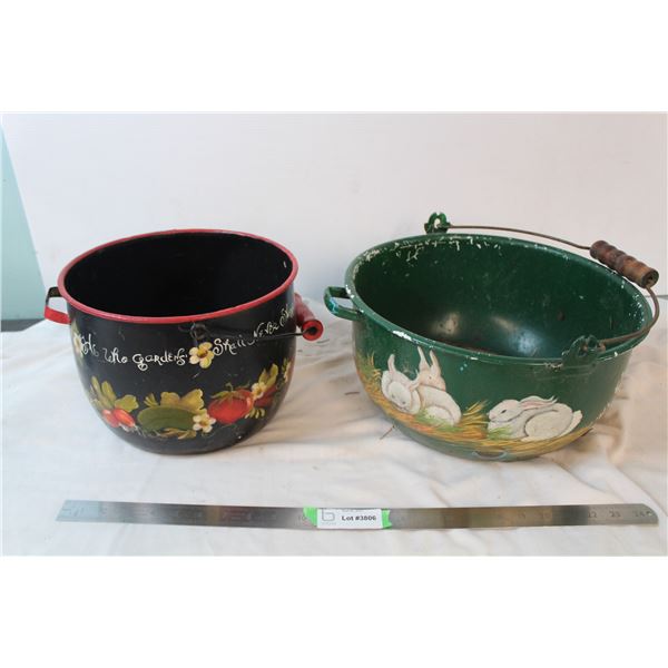 Vintage metal pots - hand painted