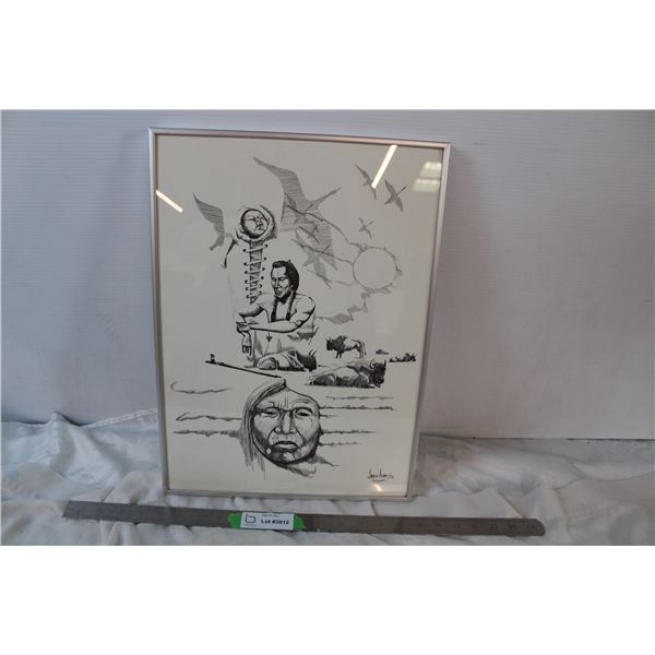 Framed Native American ink sketch