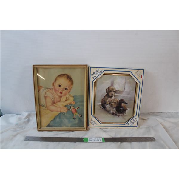 Two framed art prints by different artists, one in box