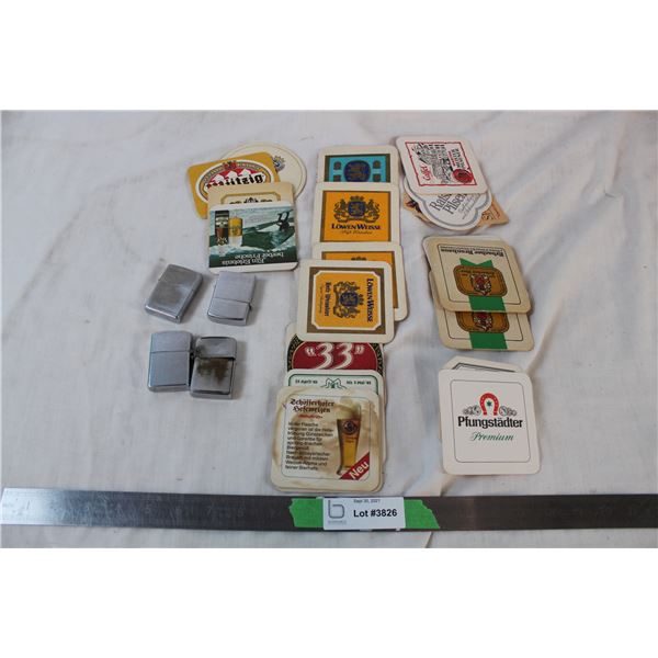 Lot of old lighters and beer coasters